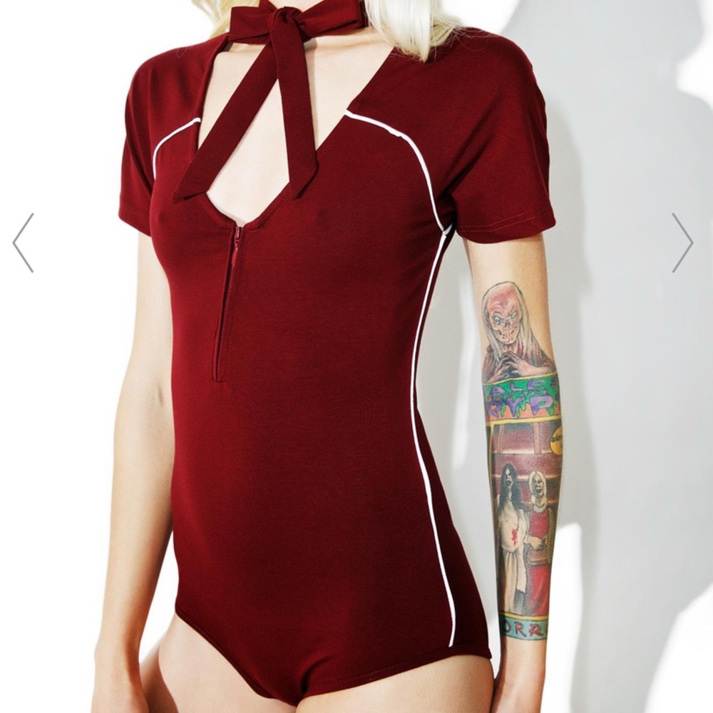Women's Burgundy Bodysuit with Tie Neck